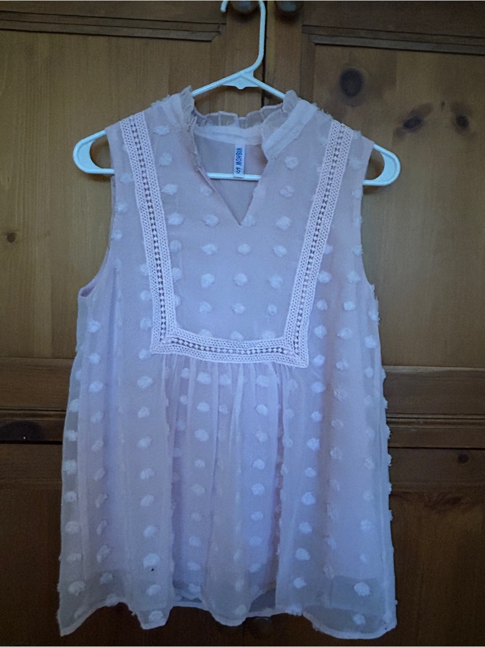 Trendy boutique Pale Pink Swiss Dot Lace-Trim Sleeveless Blouse.